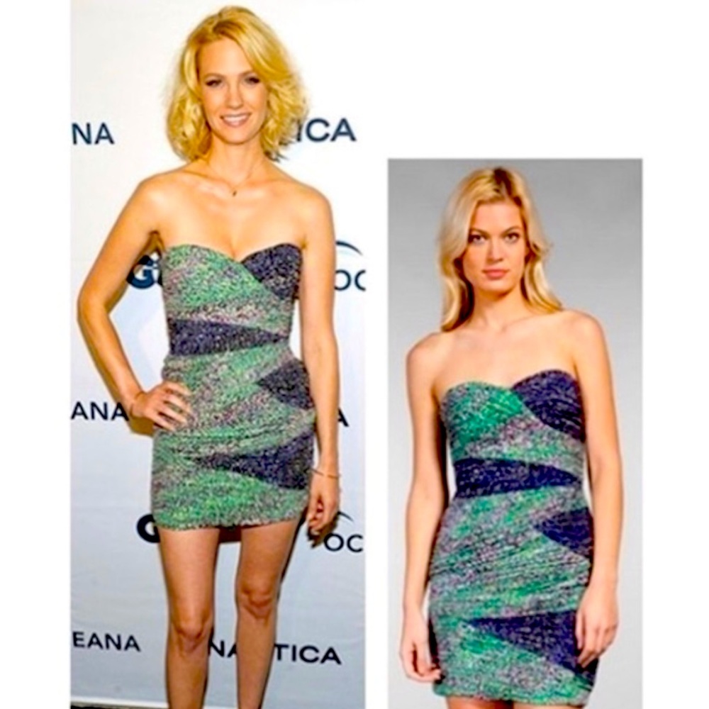 BCBG MAXAZRIA Strapless Body Con Dress.  Purple & Green ruched Size 4